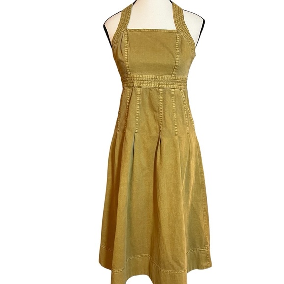 Anthropologie Pilcro Cross-Back Apron Pleated Dress Gold Woman's Size 00 - Picture 3 of 11